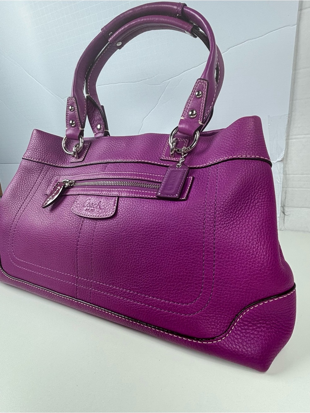 Coach Purple Pebbled Leather Triple Compartment Shoulder Bag